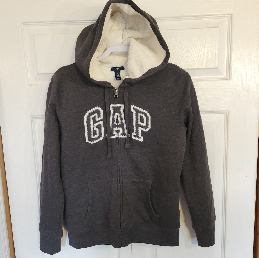 Gap Sherpa Lined Charcoal Heather Hooded Full Zip Jacket Youth Boys Medium (8)